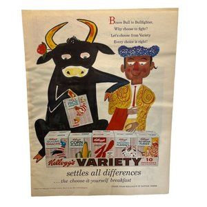 Vintage 1958 Print Ad Kelloggs Cereal Variety Pack Brave Bull Bullfighter